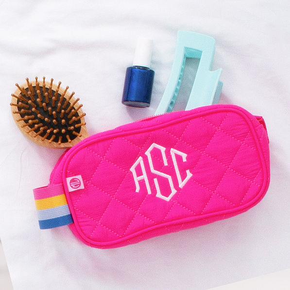 girls hot pink quilted cosmetic case with accessories