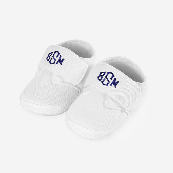 monogrammed baby shoes in white with navy monogram