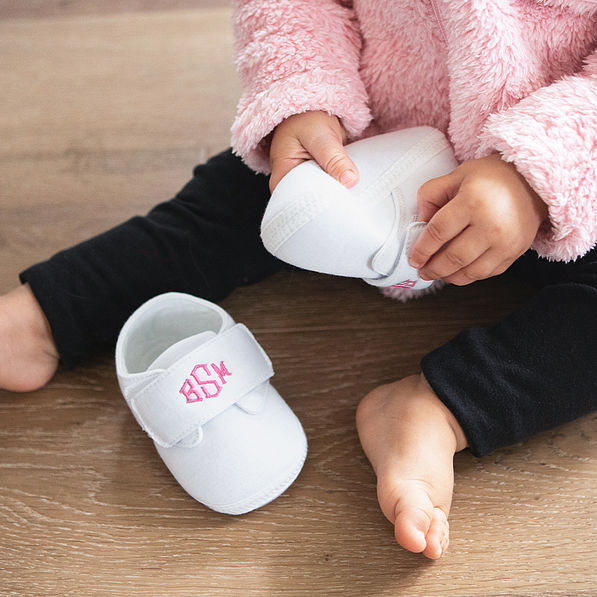 baby monogrammed ivory shoes with pink monogram