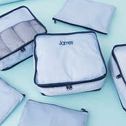 blue seersucker monogrammed youth packing bag sets