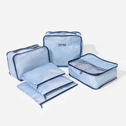 monogrammed kids packing bag set in blue seersucker