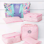 pink seersucker monogrammed youth packing bag sets with mint oopsie daisy weekend bag