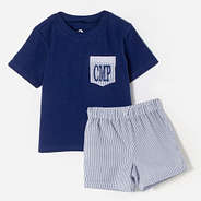 monogrammed boys short set in navy seersucker