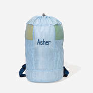Monogrammed Kids Beach Backpack Bag in Navy Seersucker