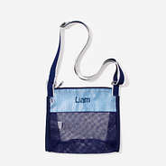 monogrammed seashell bag in blue seersucker