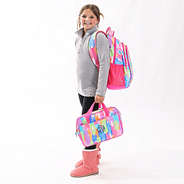 youth girl wearing multi paintbrush backpack and laptop bag