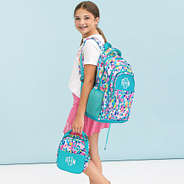 watercolor cheetah matching monogrammed lunch box and backpack