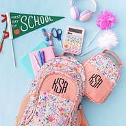 matching monogrammed backpack and lunch box in coral floral