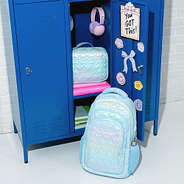 blue quilted hearts backpack and lunchbox in locker