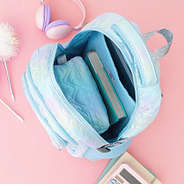 blue quilted hearts backpack detail inside