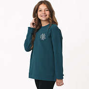 girl wearing monogrammed deep teal crewneck sweatshirt