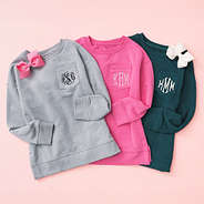 heathered grey hot pink and deep teal monogrammed kids crewneck sweatshirts