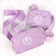 lavender monogrammed mom and me kids belt bags together