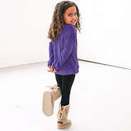 back of purple monogrammed softspun sweatshirt on girl