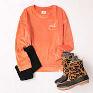 personalized softspun sweatshirt in pumpkin with duck boots