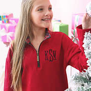 close up of kids red plaid personalized quarter zip sweatshirt