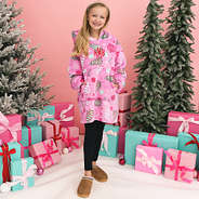 girl wearing blanket hoodie in fun and frosted
