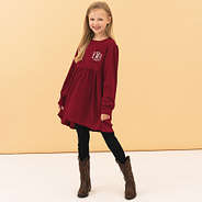 girl wearing crimson monogrammed waffle dress