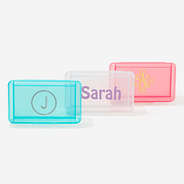 monogrammed pencil box in clear pink and blue with hobo font