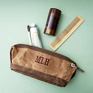 waxed canvas dopp kit with toiletries