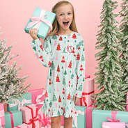 girl wearing mint wonderland christmas nightgown up close