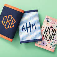 personalized wallet in navy seersucker and coral floral