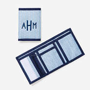personalized wallet in navy seersucker
