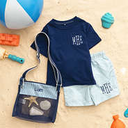 navy short sleeve shirt with swim trunks