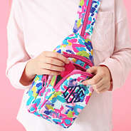 watercolor cheetah kids sling backpack up close