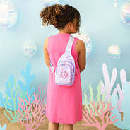mermaid magic kids sling backpack on back