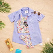 personalized lavender fishing shirt with coral floral ruffle tankini