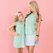 mom and me mint exercise tank top and kids scallop dress with baby pink monogram