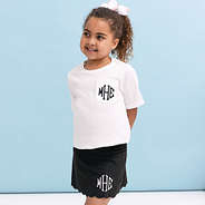 monogrammed black skort with white short sleeve t shirt