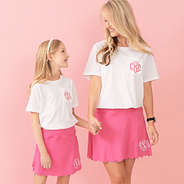 mom and me monogrammed white short sleeve shirts with hot pink skorts