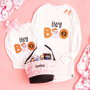 mom and me hey boo long sleeve shirts with halloween bag and ghostie blanket