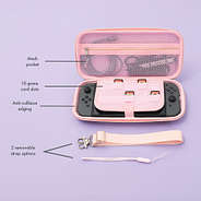 pink monogrammed nintendo switch case with straps infographic