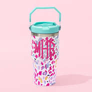monogrammed kids tumbler in wild confetti with pink monogram