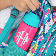 mint and pink kids monogrammed flip straw water bottle in backpack