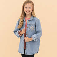girl wearing personalized denim shacket up close