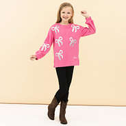 hot pink kids sequin bow sweatshirt on addie