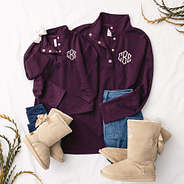 mom and me plum monogrammed quilted pullovers