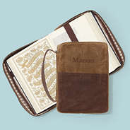 monogrammed brown bible carrier open closed