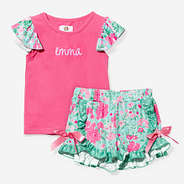 monogrammed girls ruffle short set in floral burst
