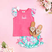 personalized girls ruffle short set with embroidered sandals