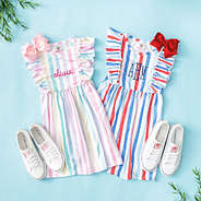 americana and multi stripes ruffle knit monogrammed girls dresses