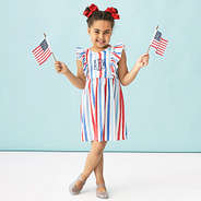 girl wearing america usa stripes ruffle knit monogrammed dress