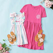 mom and me hot pink t shirt dress and girls ruffle knit dress in multi stripes