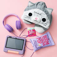 personalized kids hooded travel neck pillow with snacks and game tablet