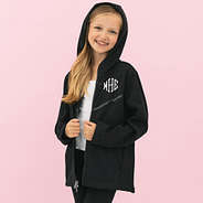close up of girl wearing monogrammed black full zip hoodie