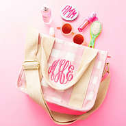 pink gingham girls tote bag flatlay